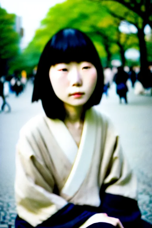 Image similar to photography street portrait of a beautiful japanese woman sitting in ueno park, shot on cinestill 5 0 d with a 3 5 mm lens aperture f / 5. 6, dynamic composition, close up, full frame, full res