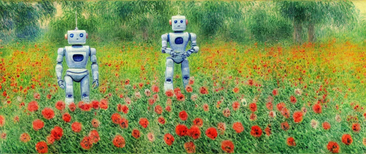 Image similar to a robot standing on flower garden looking small with many kinds flower arround him, watercolor art, 1 8 8 0 s, calude monet style, colorfule, hd, uhd