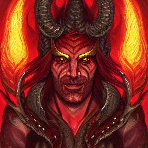 Image similar to dnd portrait of a tiefling, male, red scales, a big black beard, completely golden eyes, 2 long curved horns growing out of his forehead,