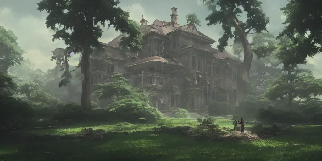 Prompt: a film still haunted mansion, medium shot, waist up, studio ghibli, pixar and disney animation, sharp, rendered in unreal engine 5, anime key art by greg rutkowski, bloom, dramatic lighting