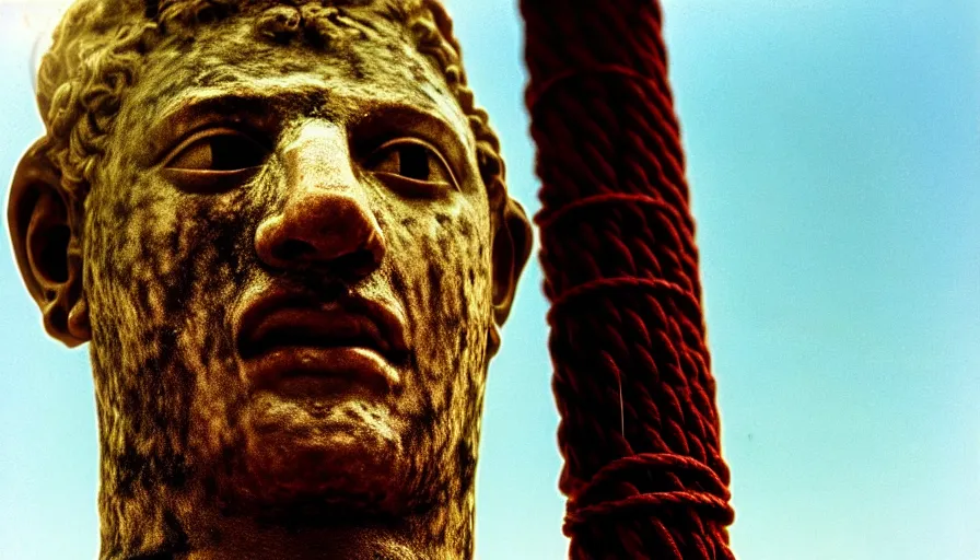 Image similar to 1 9 7 0 s movie still close - up of marcus atilius regulus'face tied with ropes at a pole with wide - open eyes looking directly at the burning sun, his eyes are bleeding intense, cinestill 8 0 0 t 3 5 mm, high quality, heavy grain, high detail, texture, dramatic light