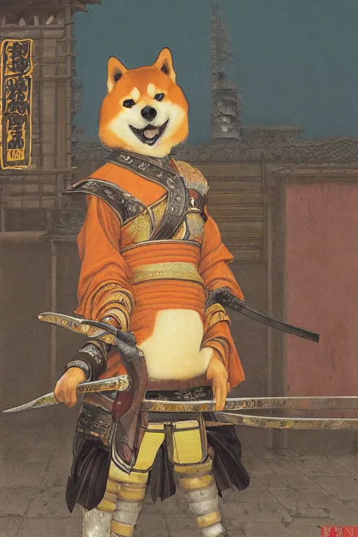 Prompt: a detailed matte portrait of an anthropomorphic shiba inu dressed as a samurai, shiba inu face, very large katana leaning against the side of a tavern, city streets, masterpiece, 8 k, art by donato giancola and greg rutkowski and wayne barlow and zdzisław beksinski
