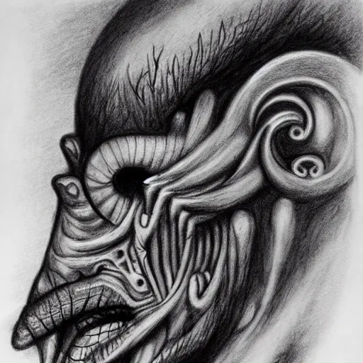 Prompt: a gigantic cyclope as drawn by giger using charcoals