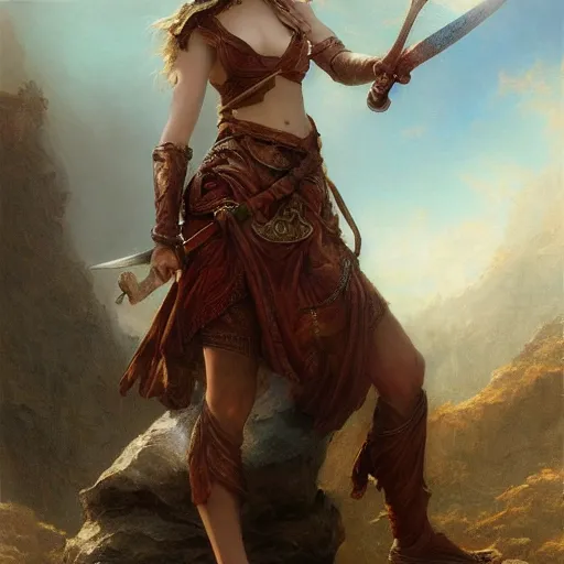 Image similar to artstation concept of a beautiful girl holding a sword in both hands, brown sweaty skin, symmetrical face, casual white garment, brown canyon background, shiny colorful, hyperdetailed, artstation trending, world renowned artists, worth1000.com, historic artworks society, antique renewel, cgsociety, by greg rutkowski, by Gustave Dore, Deviantart