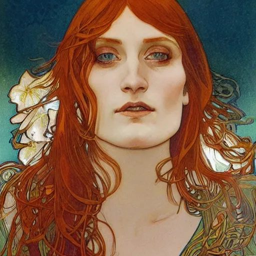 Image similar to florence welch portrait by louis - theophile hingre and alphonse mucha, realistic, sharp focus, zodiac signs, tarot cards, planets, ethereal, art nouveau, magic, moon, sun, crown, dreamy, royal, jewellery