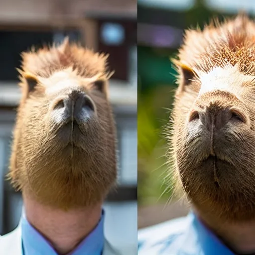 Image similar to capybara head, a man wearing a suit capybara head