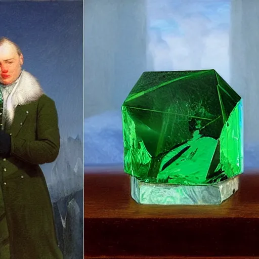 Image similar to ominous emerald crystal emerging from ice, at night, by frederic church, by kent monkman, by caspar david friedrich, king's quest, sierra games