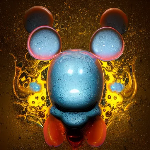 Image similar to counterfeit mickey mouse head, fractal, broken, DMT dystopia, wet, melting, fractured, mycelium, radiant alien, rococo, baroque, automotive, bio-mechanical, porcelain, iridescent, sub surface scattering, octane render