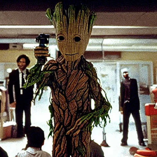 Prompt: Groot replaces Al Pachino in the film Dog Day Afternoon, cinematic, still image, attica!