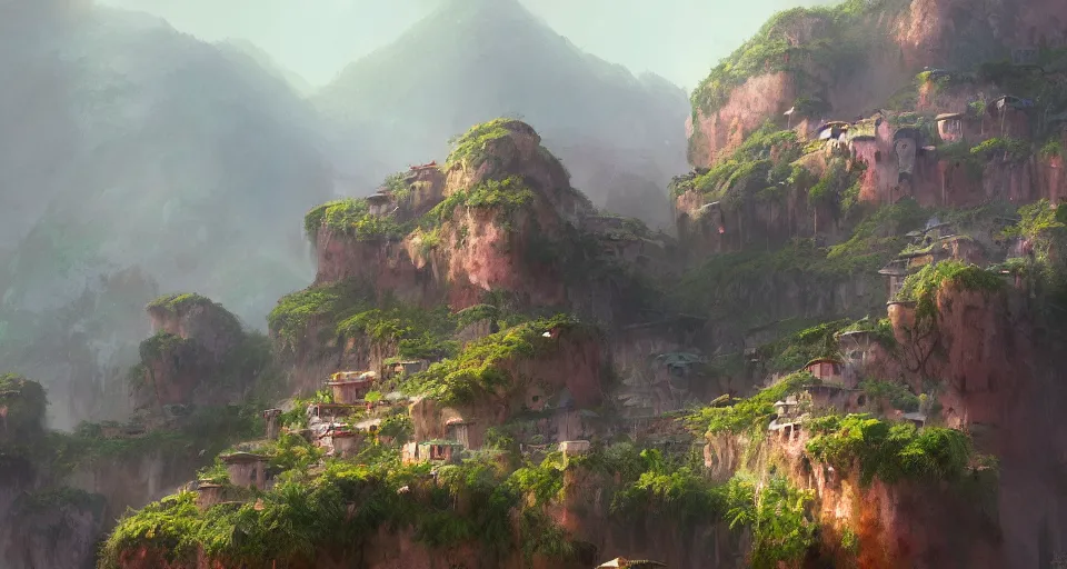 Image similar to natural beauty village on a mountain slope, realistic concept art, eytan zana, one pixel brush, complementary color scheme, cinematic moody lighting, concept art, trending on artstation