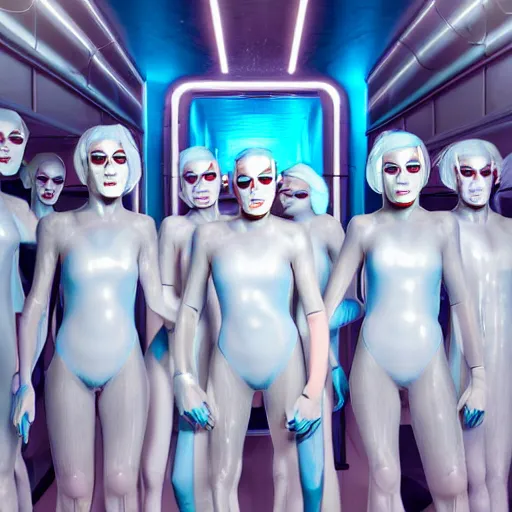 Image similar to troop of cloned freakshow women with white bob hairdos, tight light blue neopren suits, futuristic production facility, sci - fi, highly detailed, cinematic