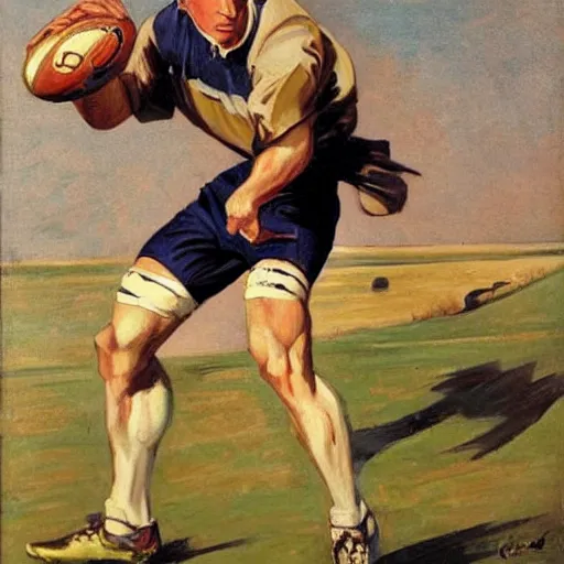 Prompt: handsome rugby player in a running pose, holding the rugby ball in his arm, full color painting by J.C. Leyendecker