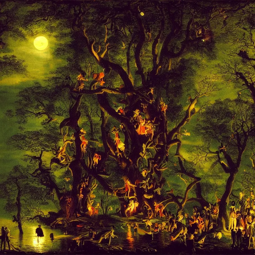 Image similar to a night carnival around a magical tree cavity, with a surreal orange moonlight and fireworks in the background, next to a lake with iridiscent water, christmas lights, folklore animals and people disguised as fantastic creatures in a magical forest by summer night, masterpiece painted by joseph wright, dark night environment