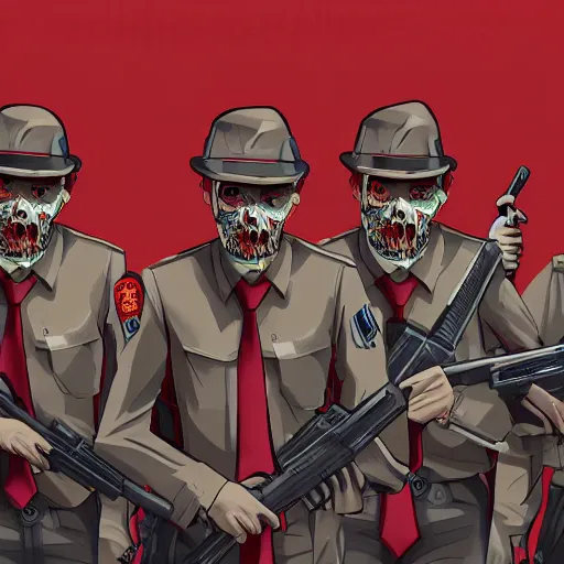 Prompt: zombie security officers with glowing pale red skin in beige uniforms and caps holding bullpup guns in a brutalist office setting trending on artstation digital painting 4 k sharp detail high quality