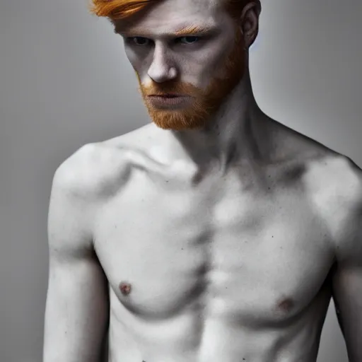 Prompt: color portrait of a very pale ginger male model by emmanuel lubezki