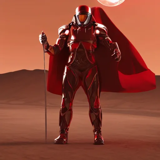 Prompt: tall muscular infantry man in glossy sleek white armor with tiny red details and a long red cape, heroic posture, on the surface of mars, night time, dramatic lighting, cinematic, sci-fi, hyperrealistic, movie still