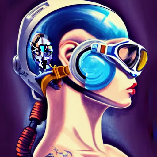 Image similar to a profile photo of a woman with diving helmet with tattoos on arm and neck, side profile in underwater, highly detailed, digital painting, artstation, sharp focus, illustration by Sandra Chevrier