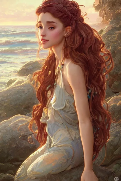 Image similar to beautiful cottagecore Ariana Grande, mermaid kingdom, beautiful Hair, magical beach, intricate, elegant, highly detailed, digital painting, artstation, concept art, smooth, sharp, focus, illustration, art by artgerm and greg rutkowski and alphonse mucha