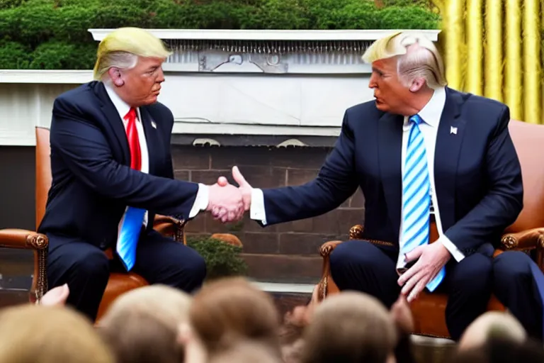 Image similar to press photo of donald trump shaking hands with a gray alien