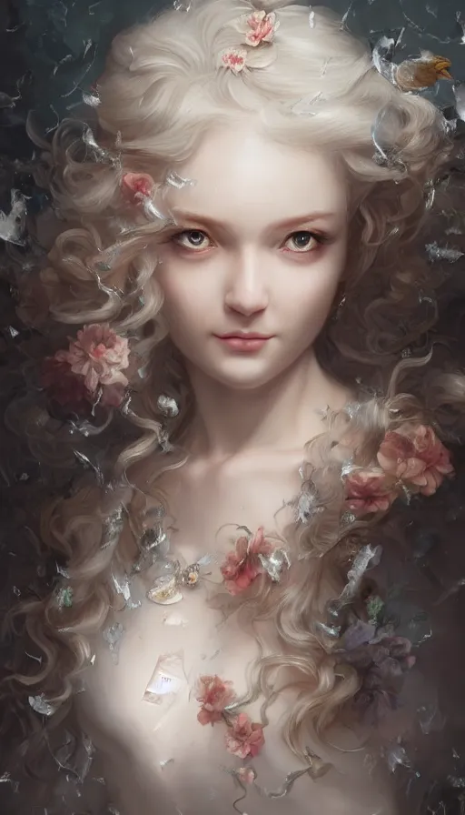 Prompt: rococo, baroque hair, angelic young female - fine - face, pretty face behind shattered glass, key visual, realistic shaded perfect face, fine details by stanley artgerm lau, wlop, nekro, james jean, andrei riabovitchev, marc simonetti, and sakimichan, trending on artstation