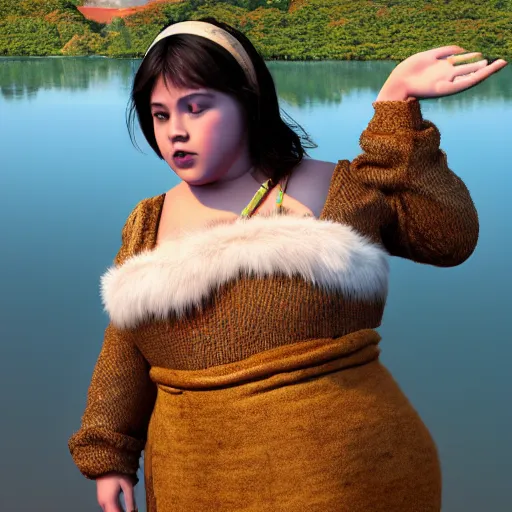 Image similar to spectacular ancient little fat girl with fur cloth, standing on the edge of the beautiful lake. clear beautiful fat face. morning time. an amazingly beautiful scene. beautiful lighting, 4 k post - processing, trending in art station, cg society, highly detailed, 5 k extremely detailed, 3 d. cinematic scene.