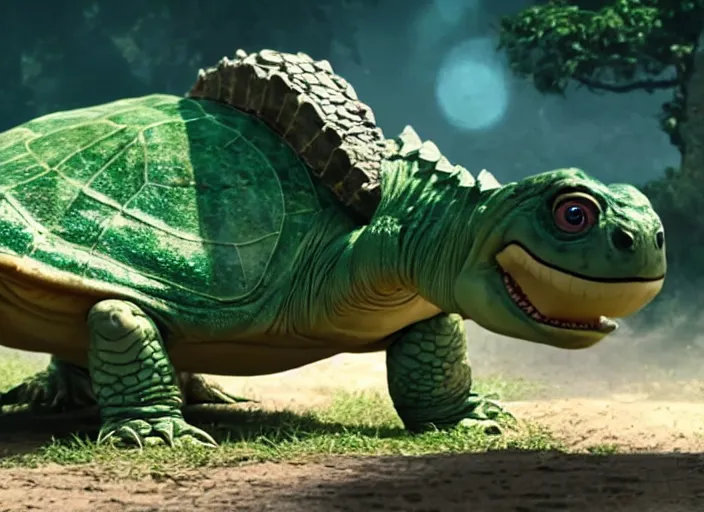Image similar to film still of real life dinosaur turtle yoshi in the new sci - fi movie, 8 k