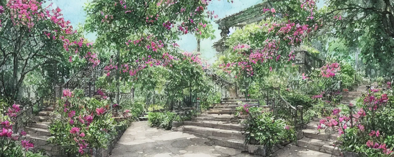 Prompt: isomeric view, railing, stairway, chairs, delicate water in a botanic garden, garden road, sparrows, temple in a botanical herbarium paper, watercolor colored painting, iridescent colors, 8 k, realistic shaded, fine details, artstation, italian style, colonnade, huge flowers, architecture