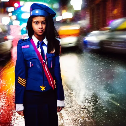 Prompt: night flash portrait photography of a catholic high school girl in uniform on the lower east side by annie leibovitz, colorful, nighttime!, raining!