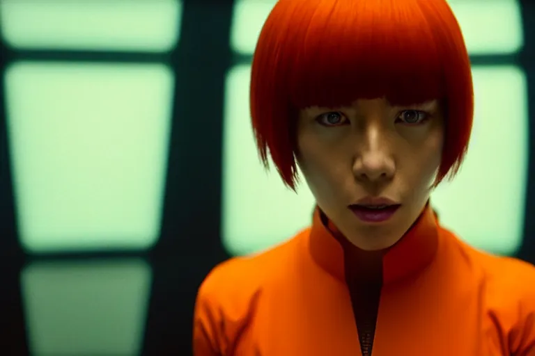 Image similar to major motoko wearing an orange prison jumpsuit, large hologram of a screaming face dominates the background, photography by fred palacio medium full shot still from bladerunner 2 0 4 9, sci fi, bladerunner, canon eos r 3, f / 3, iso 2 0 0, 1 / 1 6 0 s, 8 k, raw, unedited