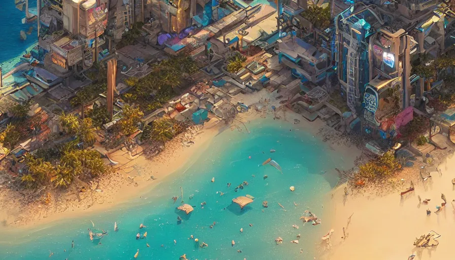 Image similar to A highly detailed matte painting of a beautiful cyberpunk dystopian beach resort beach with golden shimmering sands by Studio Ghibli, Mokoto Shinkai, by Artgerm, by beeple, volumetric lighting, octane render, 4K resolution, trending on artstation