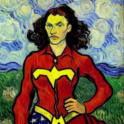 Prompt: Portrait painting of Vincent Van Gogh but in a Wonder Woman costume cosplaying as Wonder Woman by Claude Monet, original Post Impressionist art