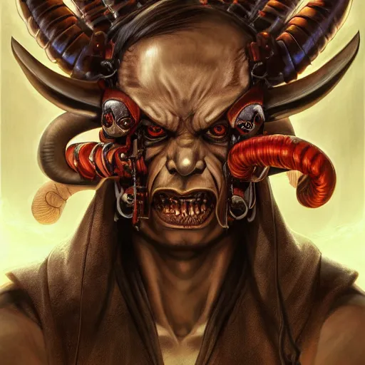 Prompt: portrait, cyberpunk japanese oni demon with horns, stern expression, long hair, highly detailed, digital painting, artstation, concept art, smooth, sharp focus, illustration, artgerm, tomasz alen kopera, peter mohrbacher, donato giancola, joseph christian leyendecker, wlop, frank frazetta