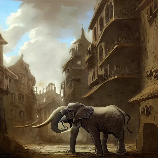 Image similar to an elephant body with a cannon for a head, men in uniforms operate cannon, the elephant is walking through the streets of a medieval city, illustration, rpg, hubert robert, dying earth, body horror