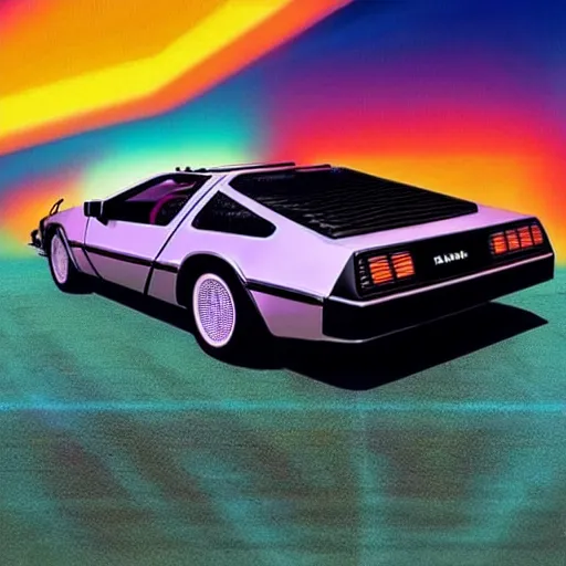 Image similar to delorean car in the 80's. Retrowave. synthwave. orange purple.