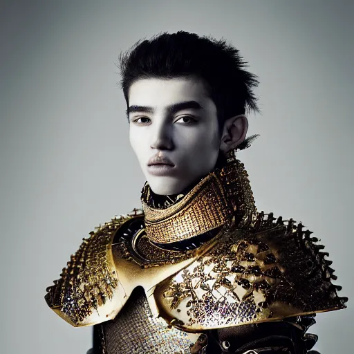 Prompt: a portrait of a beautiful young asgarian male wearing an alexander mcqueen armor , photographed by andrew thomas huang, artistic