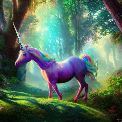 Image similar to Portrait of a unicorn in a fantasy forrest, lisa frank, craig mullins, octane, 8k, detailed illustration