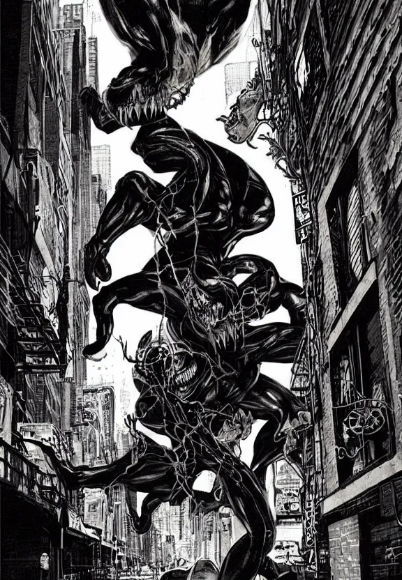 Image similar to venom in a new york alley at night by lee bermejo and simon bisley