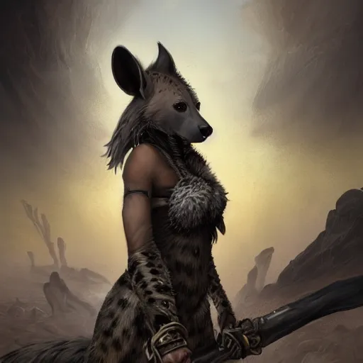 Prompt: portrait of a female hyena woman, furry pelt, long ears, black ponytail, steel armor, in a desert, strong, fierce, fantasy, intricate, elegant, highly detailed, digital painting, artstation, concept art, character art, smooth, sharp focus, illustration, art by steve argyle and tyler jacobson and peter mohrbacher