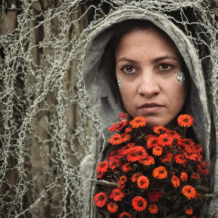 Image similar to a closeup portrait of a woman wearing a hooded cloak made of zinnias and barbed wire, in a derelict house, by Omar Z. Robles, natural light, detailed face, CANON Eos C300, ƒ1.8, 35mm, 8K, medium-format print