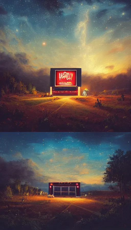 Prompt: a drive in movie theater, by ivan aivazovski, trending on artstation, detailed, volumetric lighting, starry night, dusk