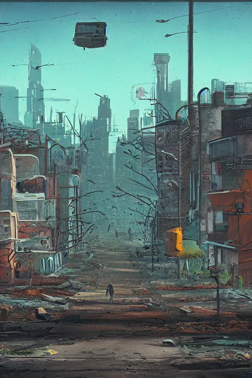 Image similar to View from a post-apocalyptic street, inspired by Simon Stalenhag