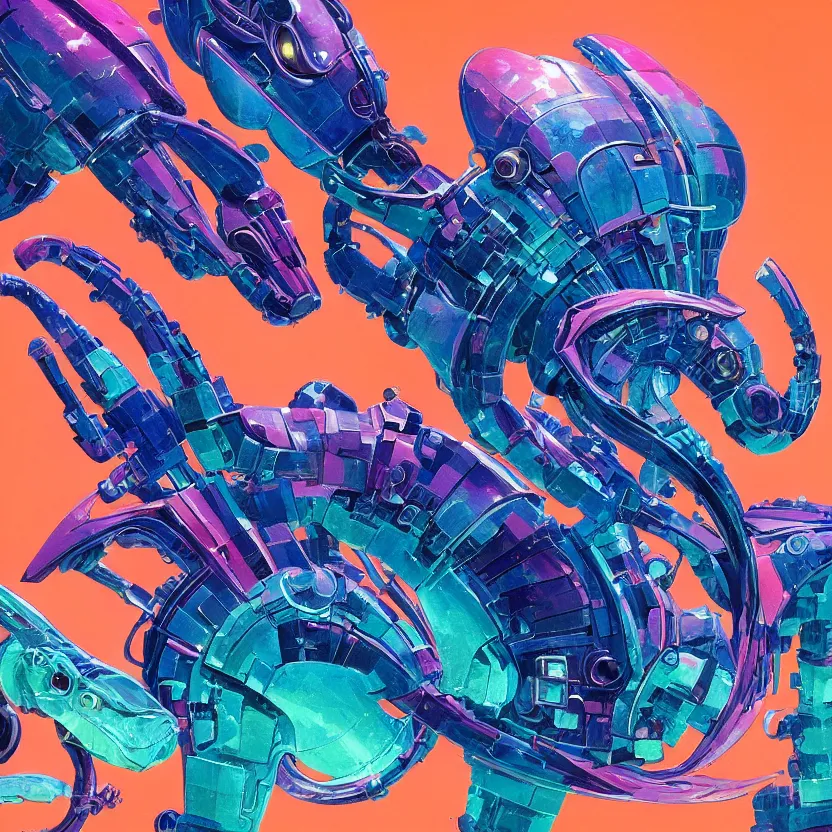 Prompt: close - up portrait of a seahorse mecha with pearlescent eyes, pink and orange colors, highly detailed science fiction painting by syd mead, roger dean, and moebius. rich colors, high contrast, cosmic black background. unreal engine, artstation.