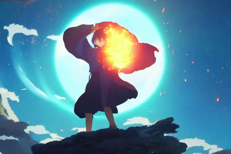 Image similar to levitating sorcerer, opening a shining portal, night sky, horizon of an erupting volcano, in the style of makoto shinkai