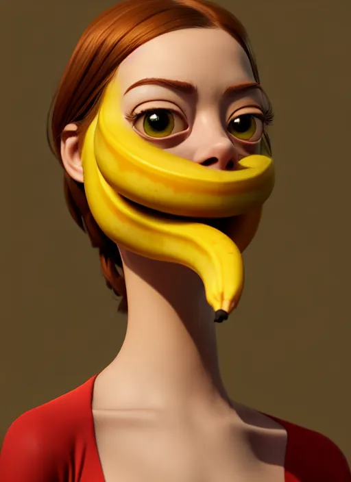 Image similar to anthropomorphic portrait of emma stone as a banana, au naturel, hyper detailed, digital art, trending in artstation, cinematic lighting, studio quality, smooth render, unreal engine 5 rendered, octane rendered, art style by klimt and nixeu and ian sprigger and wlop and krenz cushart and pixar and riot and overwatch