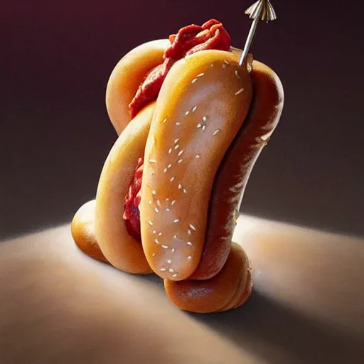 Prompt: portrait of a young rugged hot dog, extra onions and ketchup, luscious patty with sesame seeds, handsome, D&D, fantasy, intricate, elegant, highly detailed, digital painting, sweaty meat, artstation, concept art, matte, sharp focus, illustration, art by Artgerm and Greg Rutkowski and Alphonse Mucha