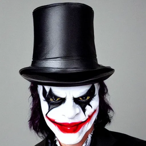 Image similar to a cat wearing a black leather hat in joker makeup, frontal view, cool looking