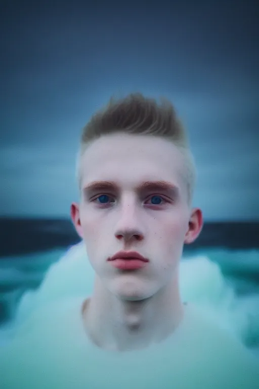 Image similar to high quality pastel coloured film mid angle selfie photograph of a beautiful young 2 0 year old male, soft features, standing in an icelandic black rock environment. atmospheric. three point light. photographic. art directed. ( pastel colours ). volumetric light. stark. waves glitch. 8 k. filmic.