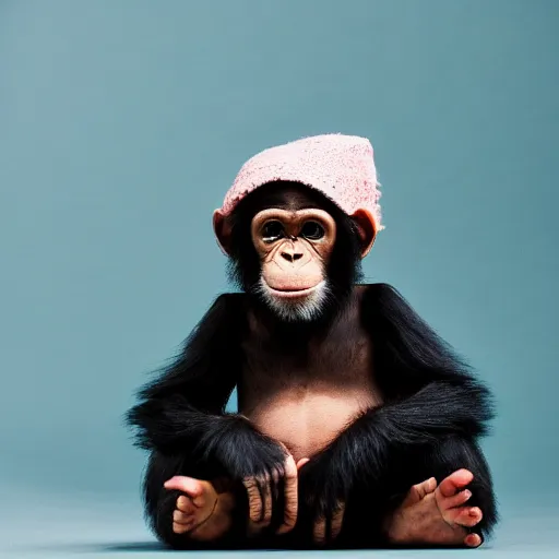 Image similar to cute chimpanzee using a wool cap. Studio photography