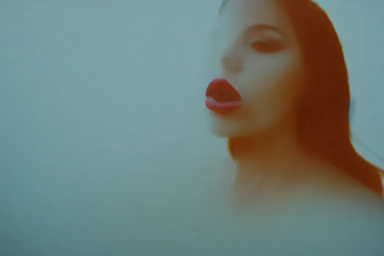 Prompt: film photography, minimalism, lips with smeared lipstick in in blue fog, low shutter speed, golden hour, 35mm, motion blur