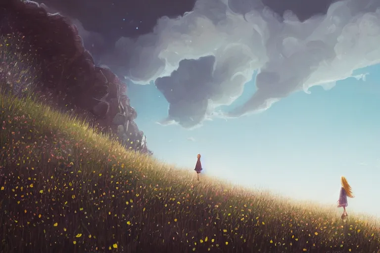 Image similar to giant white daisy flower head, girl walking on cliff, surreal photography, solar eclipse, milky way, dramatic light, impressionist painting, clouds, digital painting, artstation, simon stalenhag